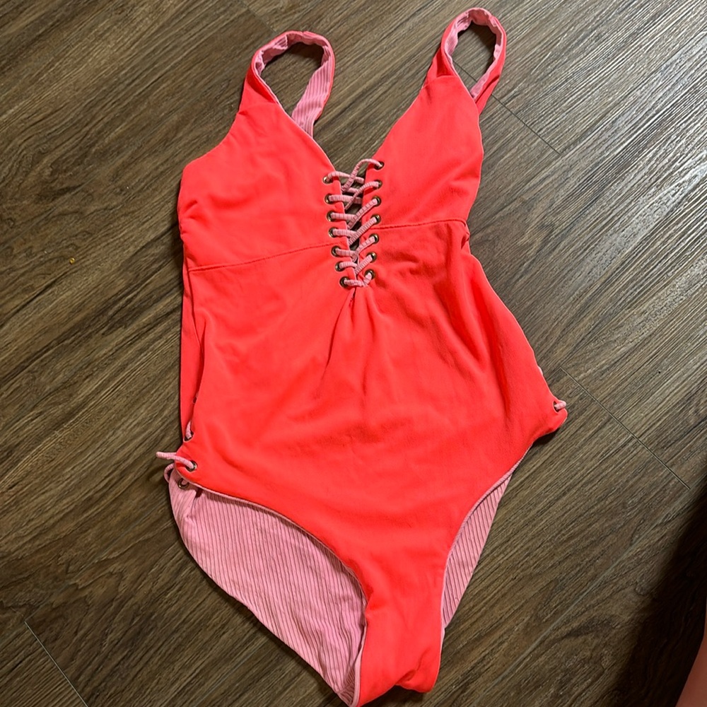 Pink reversible one piece bathing suit / body suit womens cute